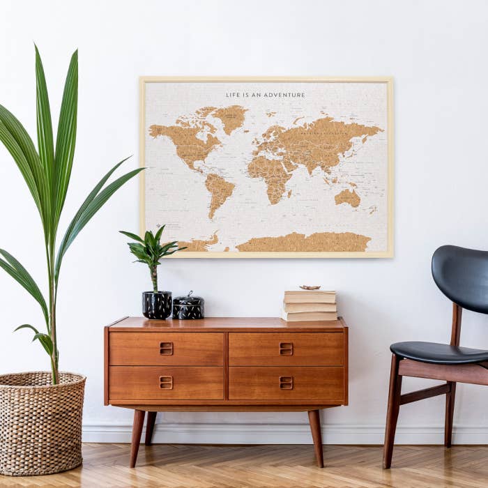 Travel Board Large World Map by Splosh, framed cork travel map