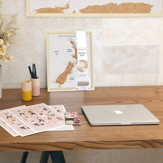 Travel Board New Zealand Desk Map by Splosh, framed cork travel map