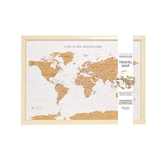 Travel Board Small World Map by Splosh, framed cork travel map