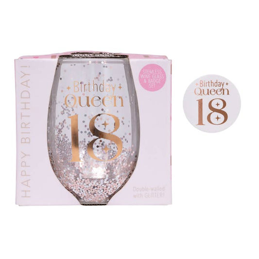 Celebration 18th Glitter Stemless Glass & Badge Set by Splosh in an open-faced gift box