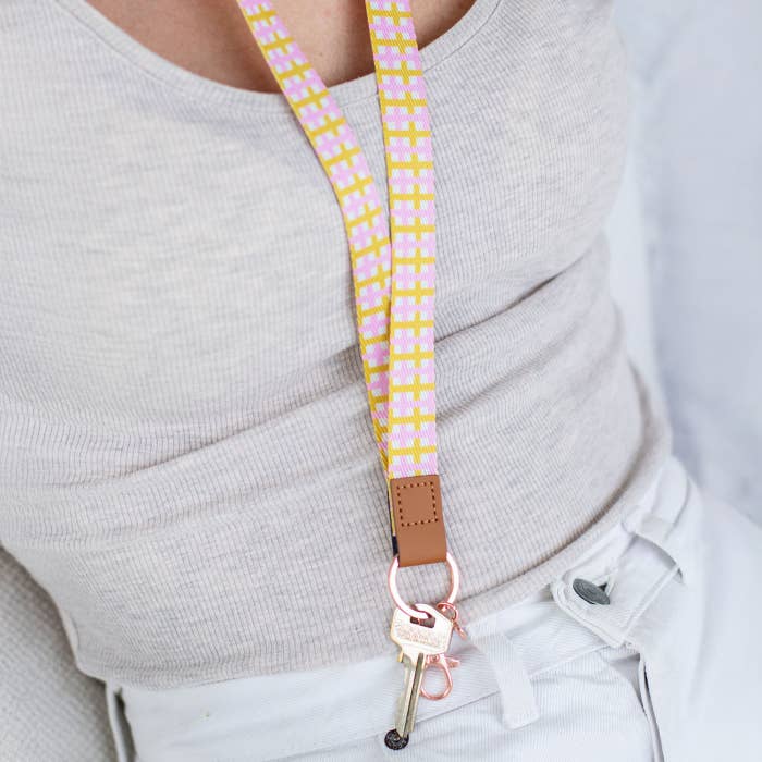 Teacher Plaid Fabric Lanyard by Splosh worn with everyday keys