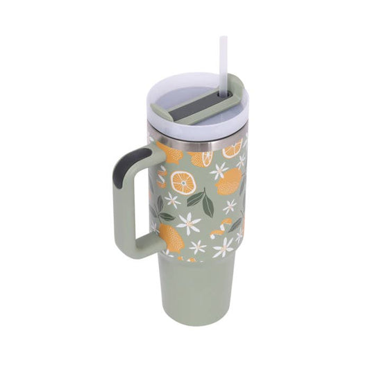 Tuscan Sun Insulated Tumbler by Splosh - angled view of the tumbler and lid