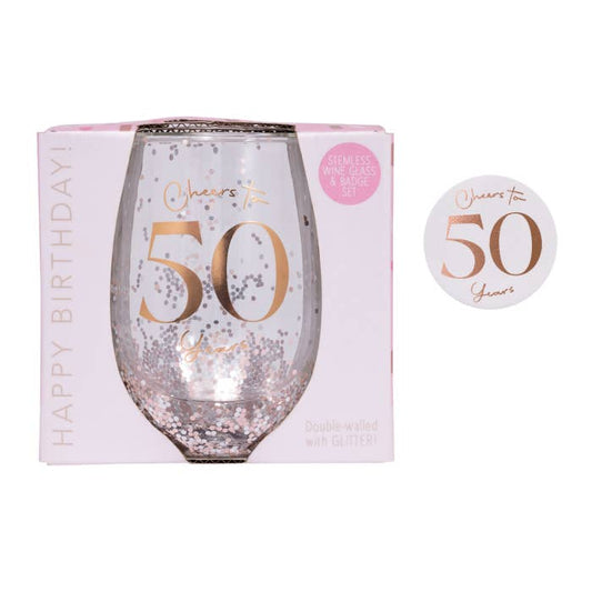 Celebration 50th Glitter Stemless Glass & Badge Set by Splosh in an open-faced gift box