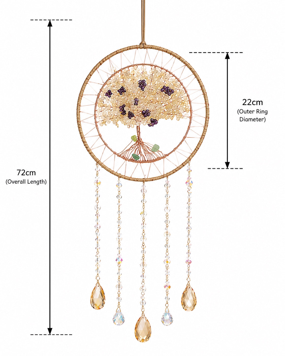 Round natural crystal dream catcher with hanging golden prisms, shown with its overall dimensions and frame measurements on a white background.