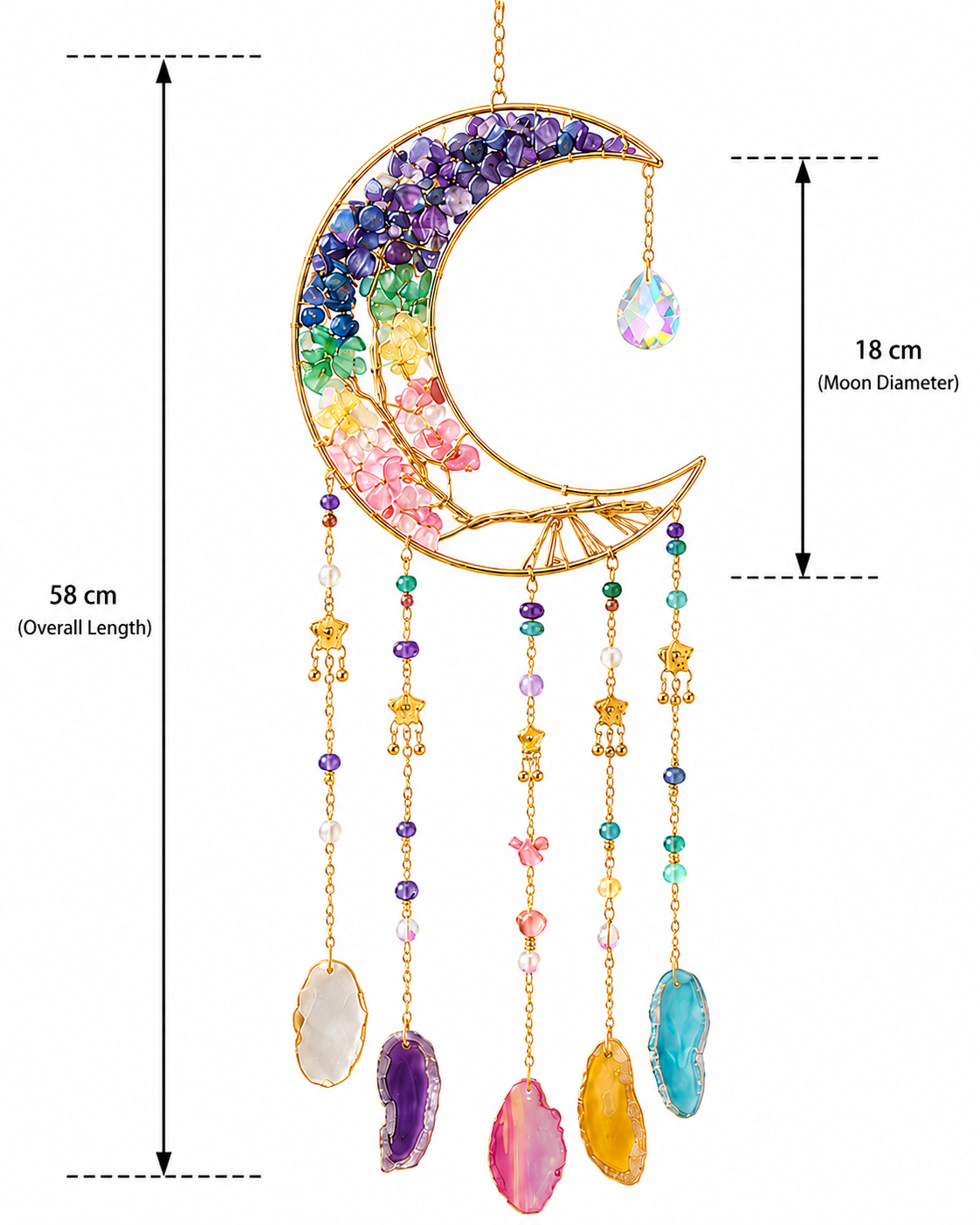 A gold crescent moon dream catcher ornament decorated with a rainbow of gemstone beads and hanging colorful agate pendants, shown with dimension lines indicating an overall length of 58 cm and a moon diameter of 18 cm.