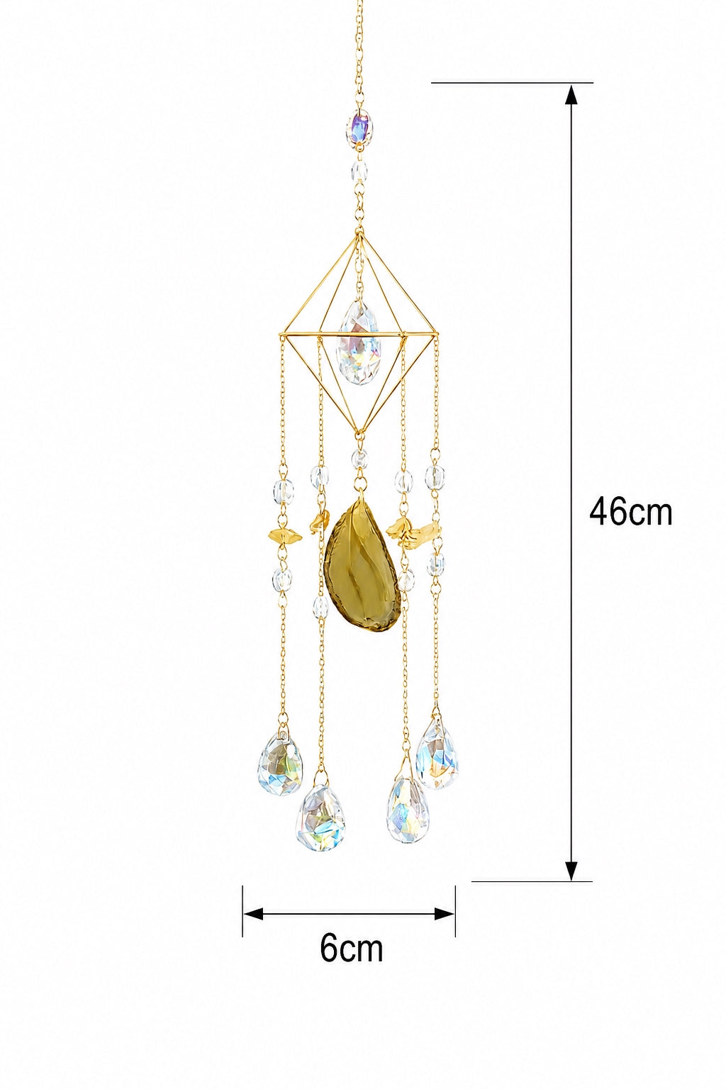 Gold-toned geometric natural crystal suncatcher with agate and hanging prisms, shown with detailed product measurements on a white background.