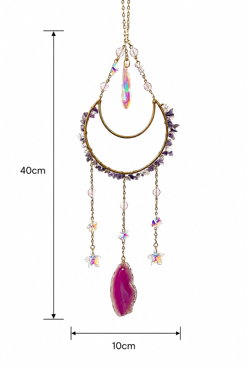 Teardrop-shaped natural crystal suncatcher with a pink agate pendant, shown with detailed product measurements on a white background.