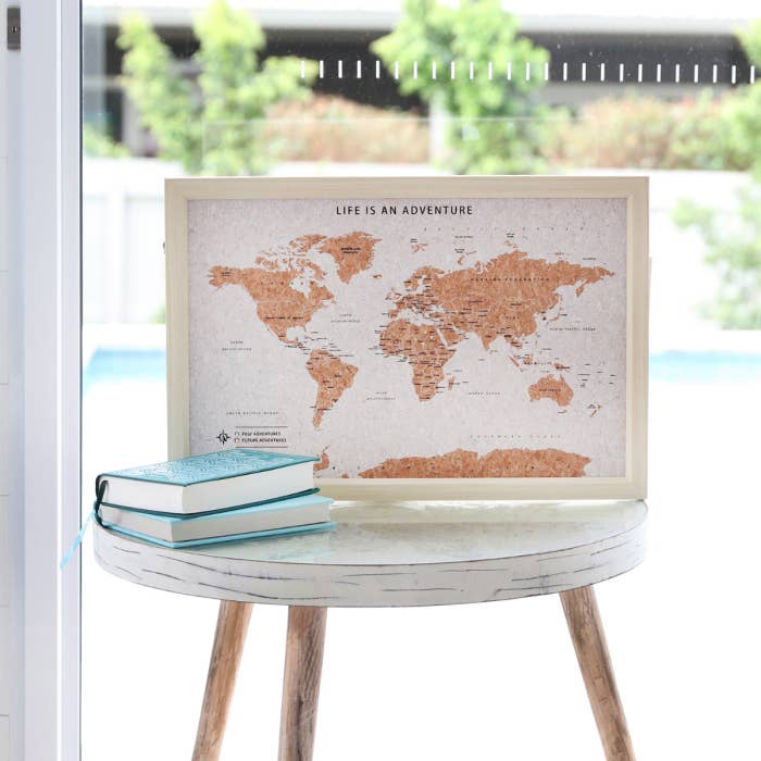 Travel Board Small World Map by Splosh, framed cork travel map