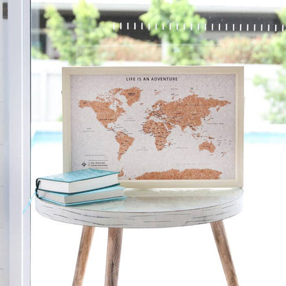 Travel Board Small World Map by Splosh, framed cork travel map