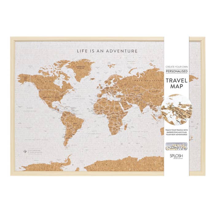 Travel Board Large World Map by Splosh, framed cork travel map