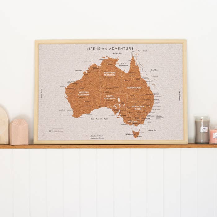 Travel Board Australia Large Map by Splosh, framed cork travel map