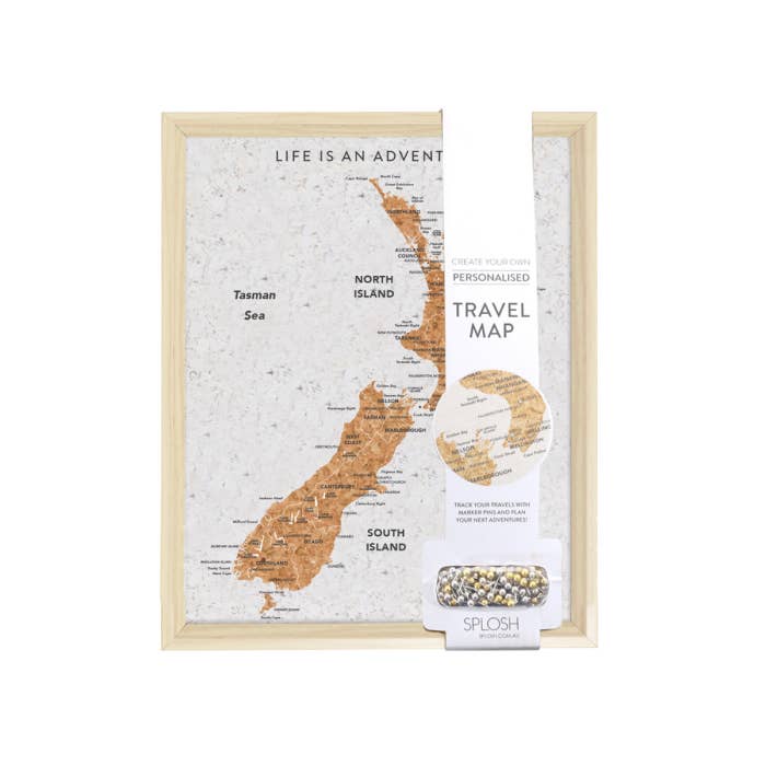 Travel Board New Zealand Desk Map by Splosh, framed cork travel map