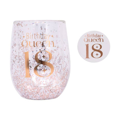 Celebration 18th Glitter Stemless Glass & Badge Set by Splosh - glass and matching birthday badge