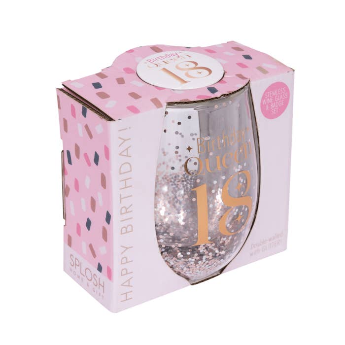 Celebration 18th Glitter Stemless Glass & Badge Set by Splosh - angled view of the gift box