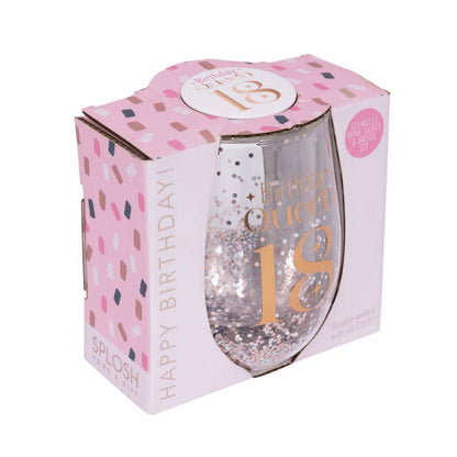 Celebration 18th Glitter Stemless Glass & Badge Set by Splosh - angled view of the gift box