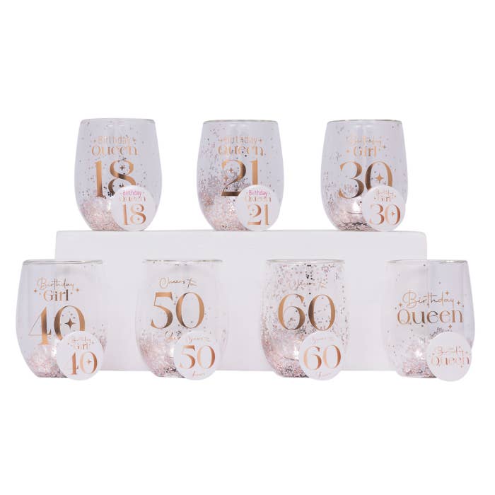 Splosh Celebration glitter stemless glasses in several milestone birthday designs