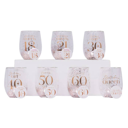 Splosh Celebration glitter stemless glasses in several milestone birthday designs