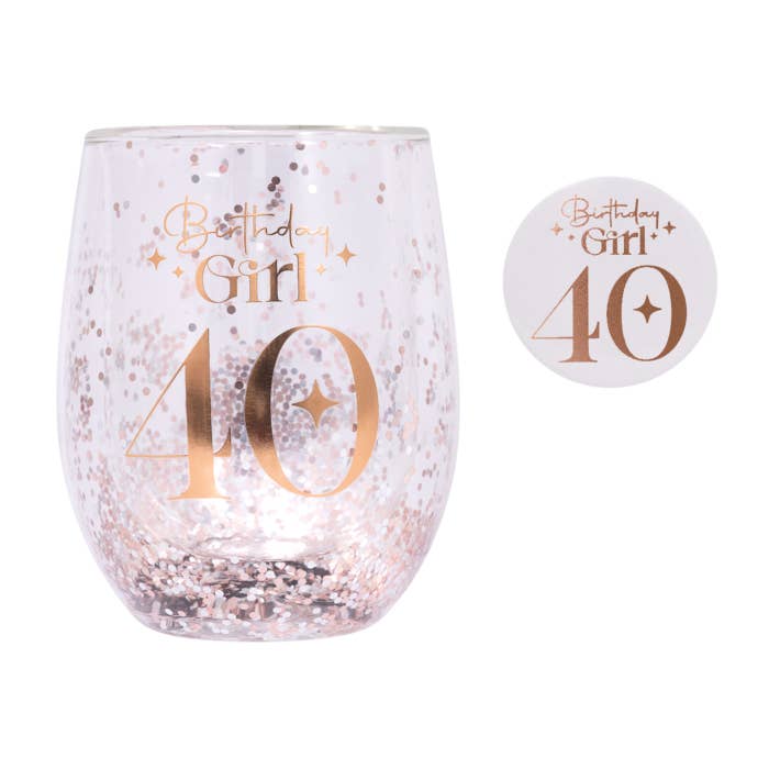 Celebration 40th Glitter Stemless Glass & Badge Set by Splosh - glass and matching birthday badge