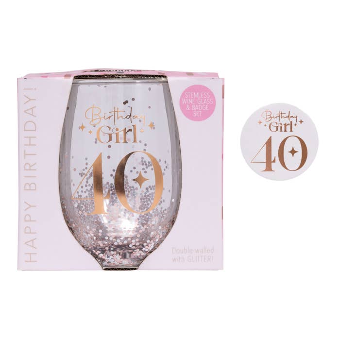 Celebration 40th Glitter Stemless Glass & Badge Set by Splosh in an open-faced gift box