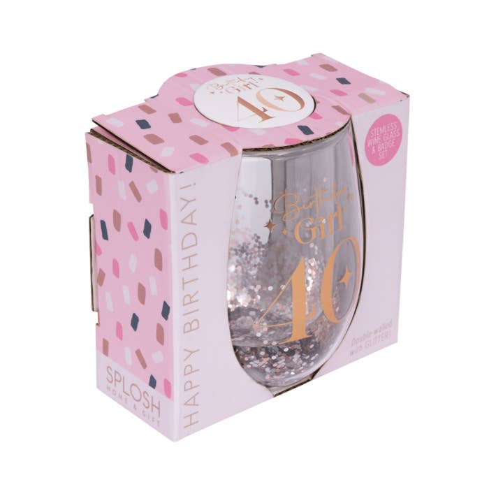 Celebration 40th Glitter Stemless Glass & Badge Set by Splosh - angled view of the gift box