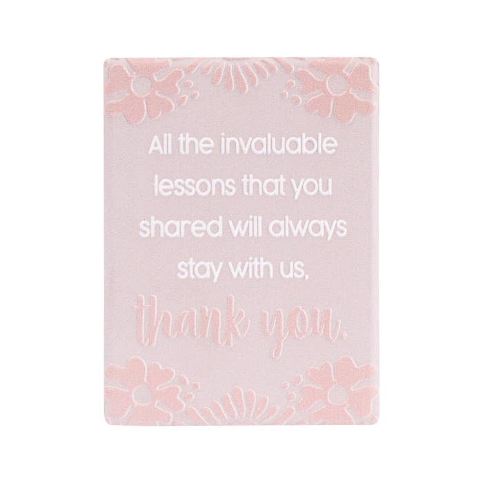 Teacher Thank You Ceramic Magnet - Pink Floral by Splosh - front with embossed message