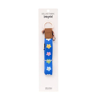 Teacher Blue Floral Fabric Lanyard by Splosh on its backing card