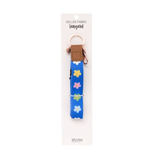 Teacher Blue Floral Fabric Lanyard by Splosh on its backing card
