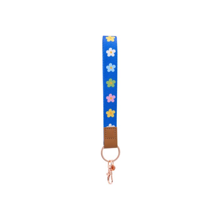 Teacher Blue Floral Fabric Wristlet Keychain by Splosh showing the wrist loop and clip