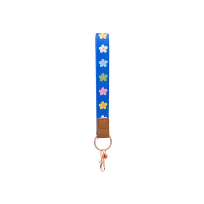 Teacher Blue Floral Fabric Wristlet Keychain by Splosh showing the wrist loop and clip