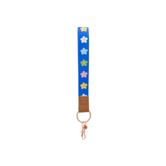 Teacher Blue Floral Fabric Wristlet Keychain by Splosh showing the wrist loop and clip
