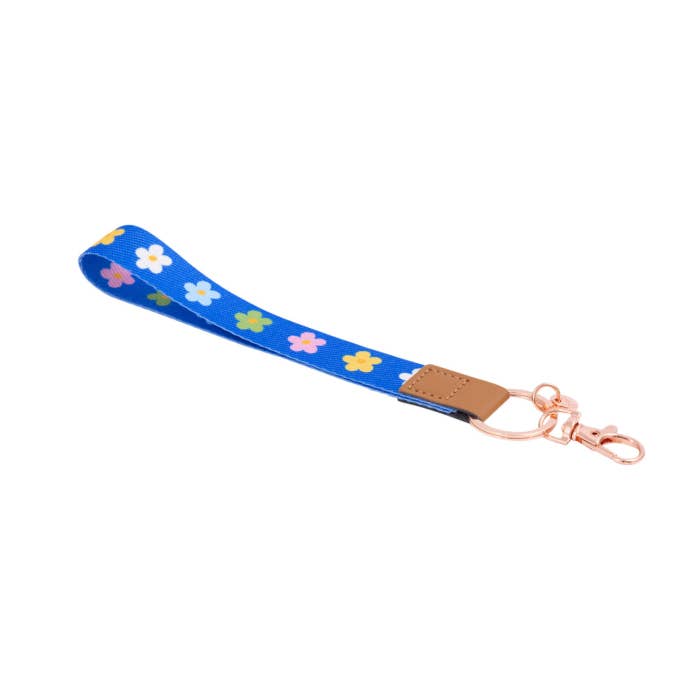 Teacher Blue Floral Fabric Wristlet Keychain by Splosh showing the wrist loop and clip