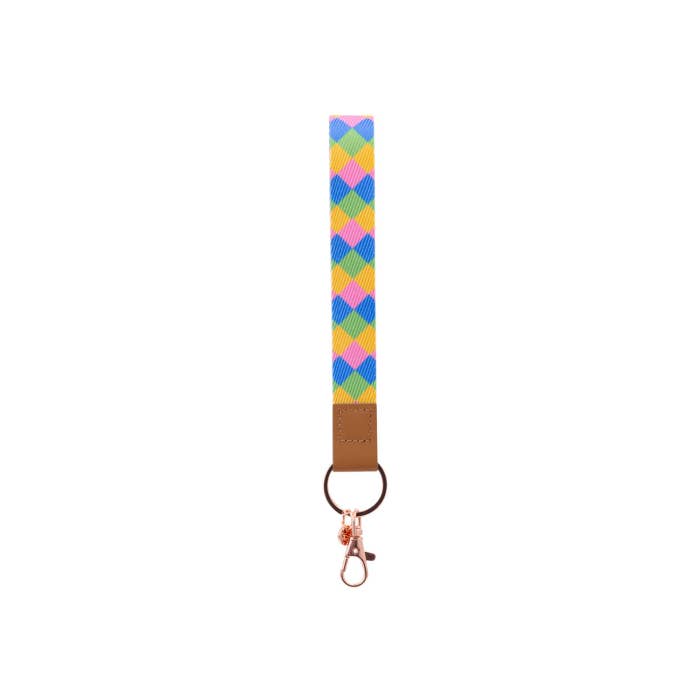 Teacher Diamond Fabric Wristlet Keychain by Splosh showing the wrist loop and clip