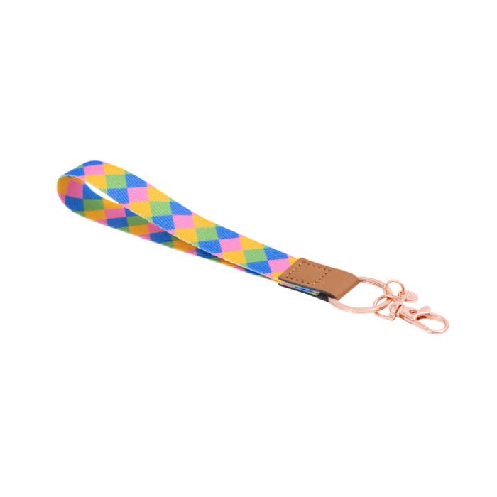 Teacher Diamond Fabric Wristlet Keychain by Splosh showing the wrist loop and clip