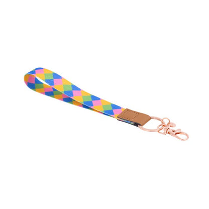 Teacher Diamond Fabric Wristlet Keychain by Splosh showing the wrist loop and clip