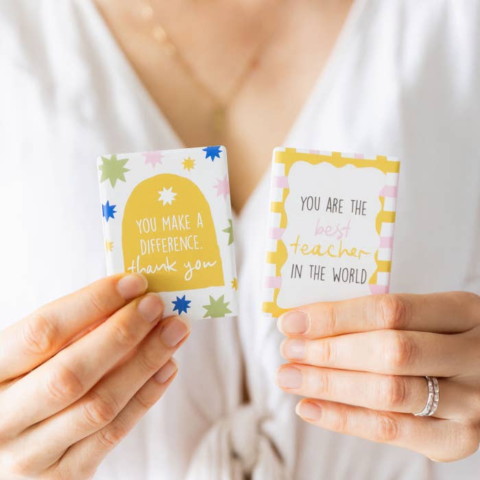 Splosh teacher ceramic magnets displayed together with appreciation messages