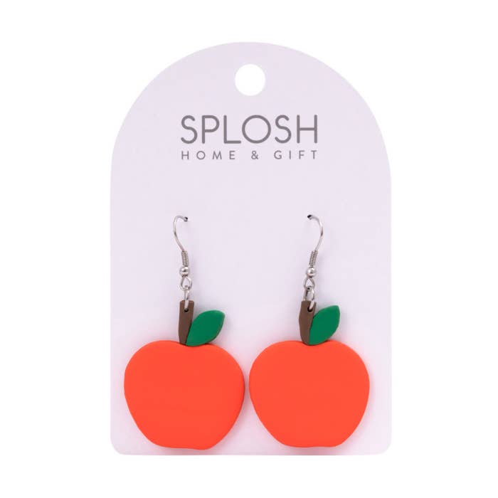 Teacher Apple Earrings by Splosh on a backing card