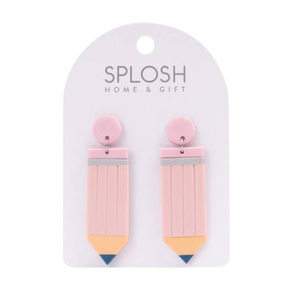 Teacher Pink Pencil Earrings by Splosh on a backing card
