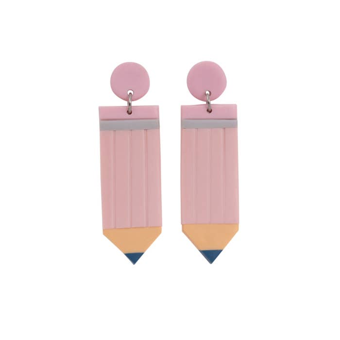 Teacher Pink Pencil Earrings by Splosh - front view