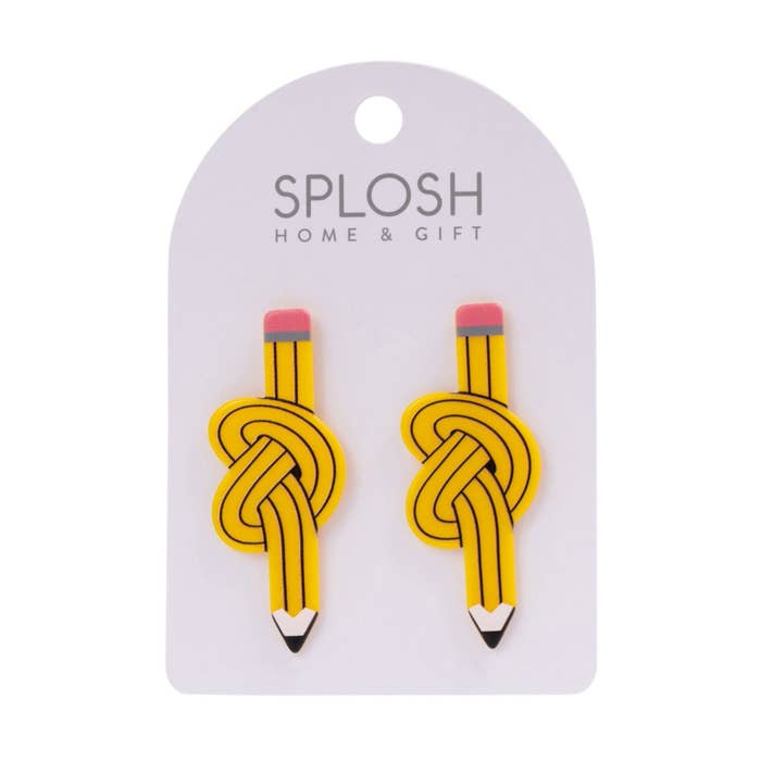 Teacher Yellow Pencil Earrings by Splosh on a backing card