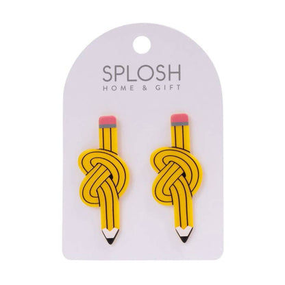 Teacher Yellow Pencil Earrings by Splosh on a backing card