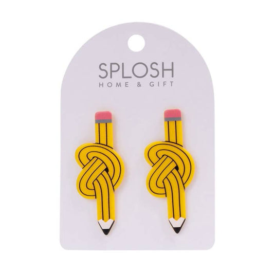 Teacher Yellow Pencil Earrings by Splosh on a backing card
