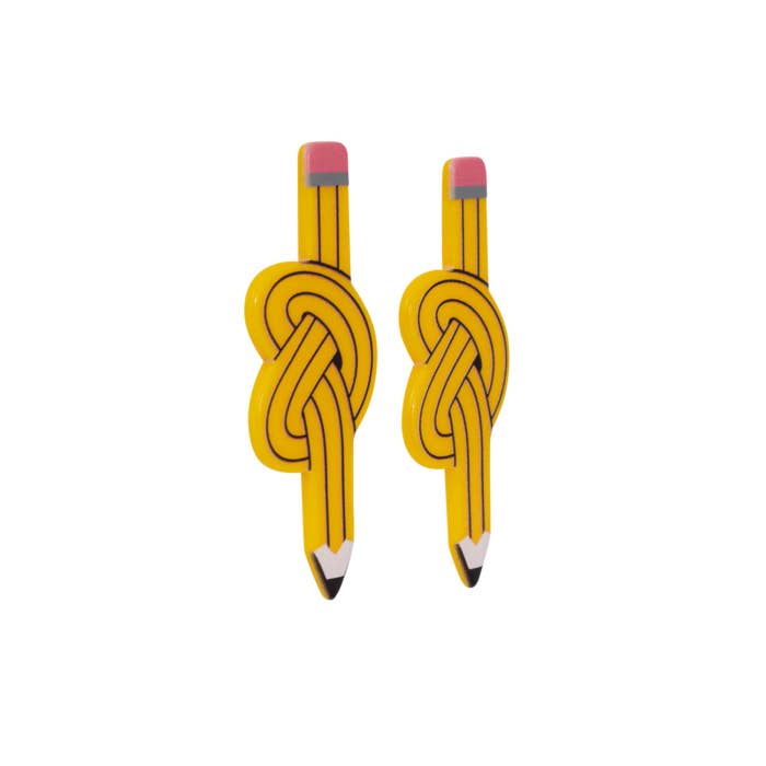 Teacher Yellow Pencil Earrings by Splosh - angled view