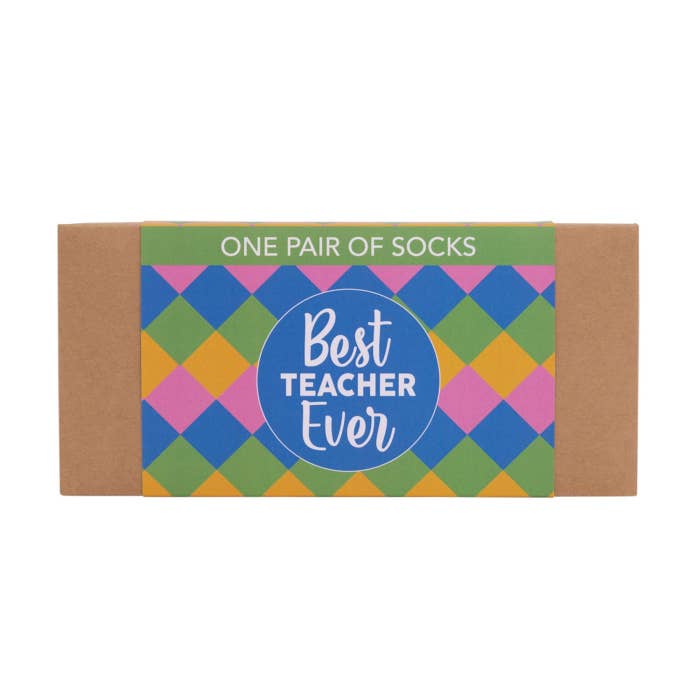 Teacher Best Teacher Socks by Splosh in a styled gift display