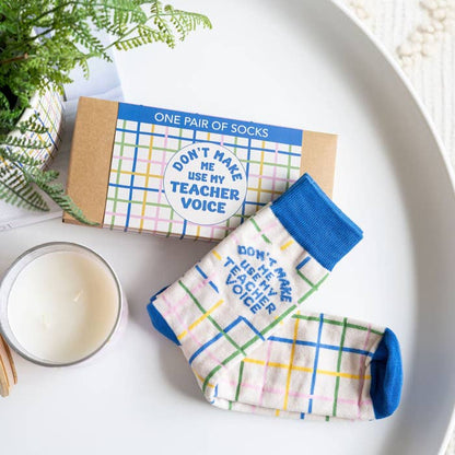 Teacher Voice Socks by Splosh in a styled gift display