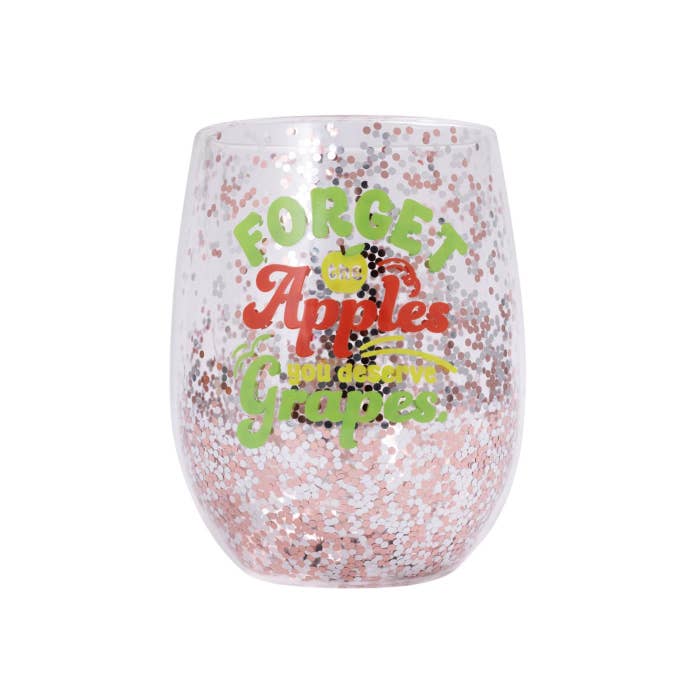 Teacher Grapes Glitter Wine Glass by Splosh - front with printed message and glitter
