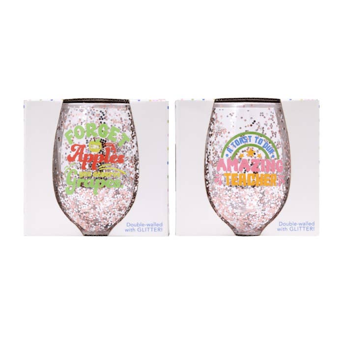 Splosh teacher glitter wine glasses shown together in their individual gift boxes