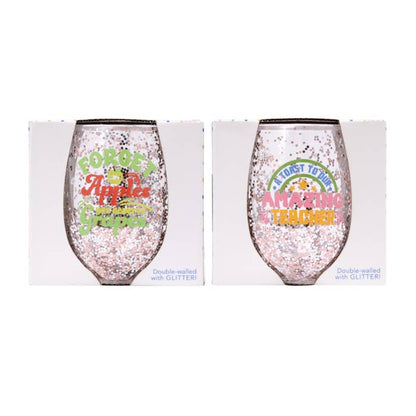Splosh teacher glitter wine glasses shown together in their individual gift boxes
