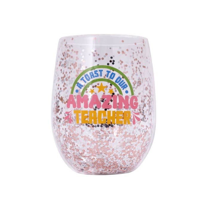 Teacher Amazing Glitter Wine Glass by Splosh - front with printed message and glitter