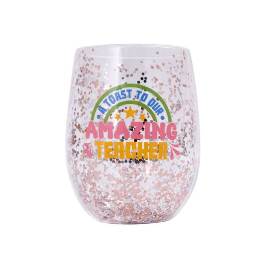 Teacher Amazing Glitter Wine Glass by Splosh - front with printed message and glitter