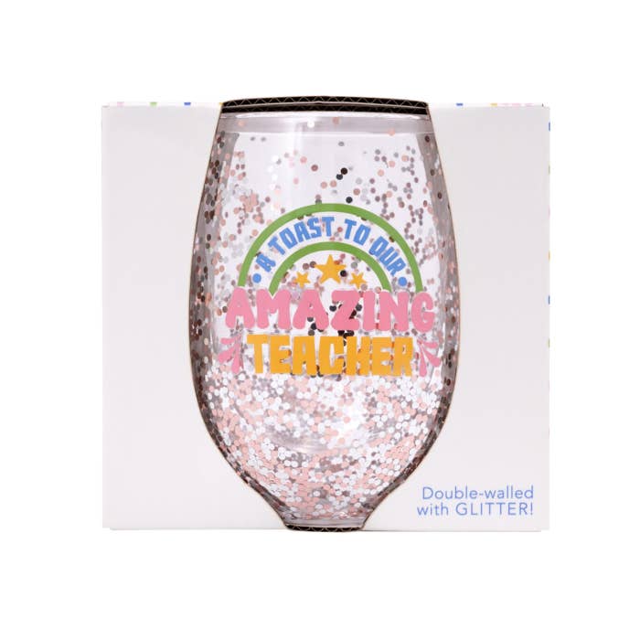 Teacher Amazing Glitter Wine Glass by Splosh with its gift box